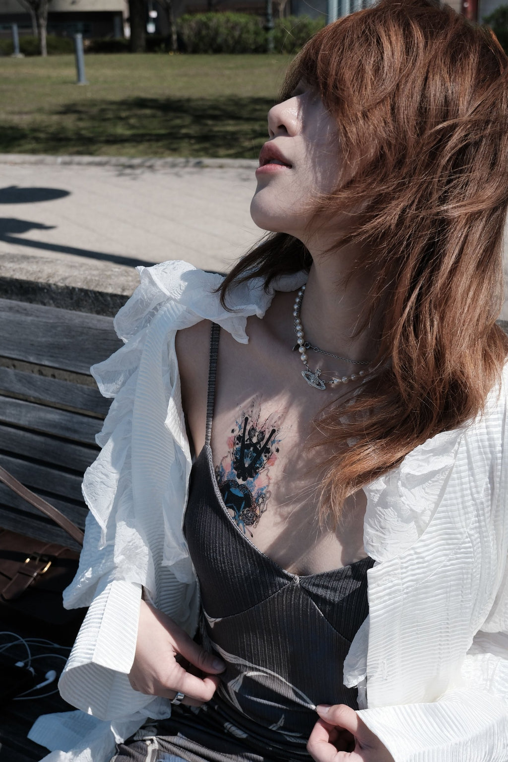 Order & Disorder #6 temporary tattoo worn on the chest, modeled by the artist Fangzi Luo